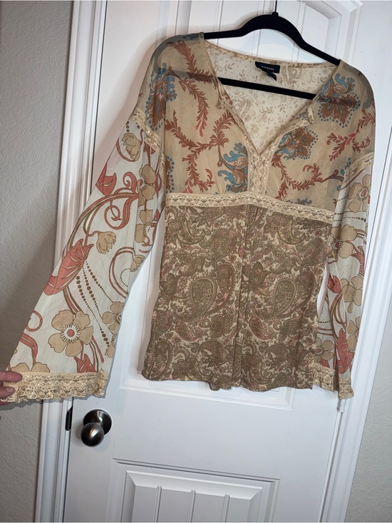 Express Tops - Y2K express fairy long-sleeve Beige Lace-Trim Tunic boho hippie feminine‎